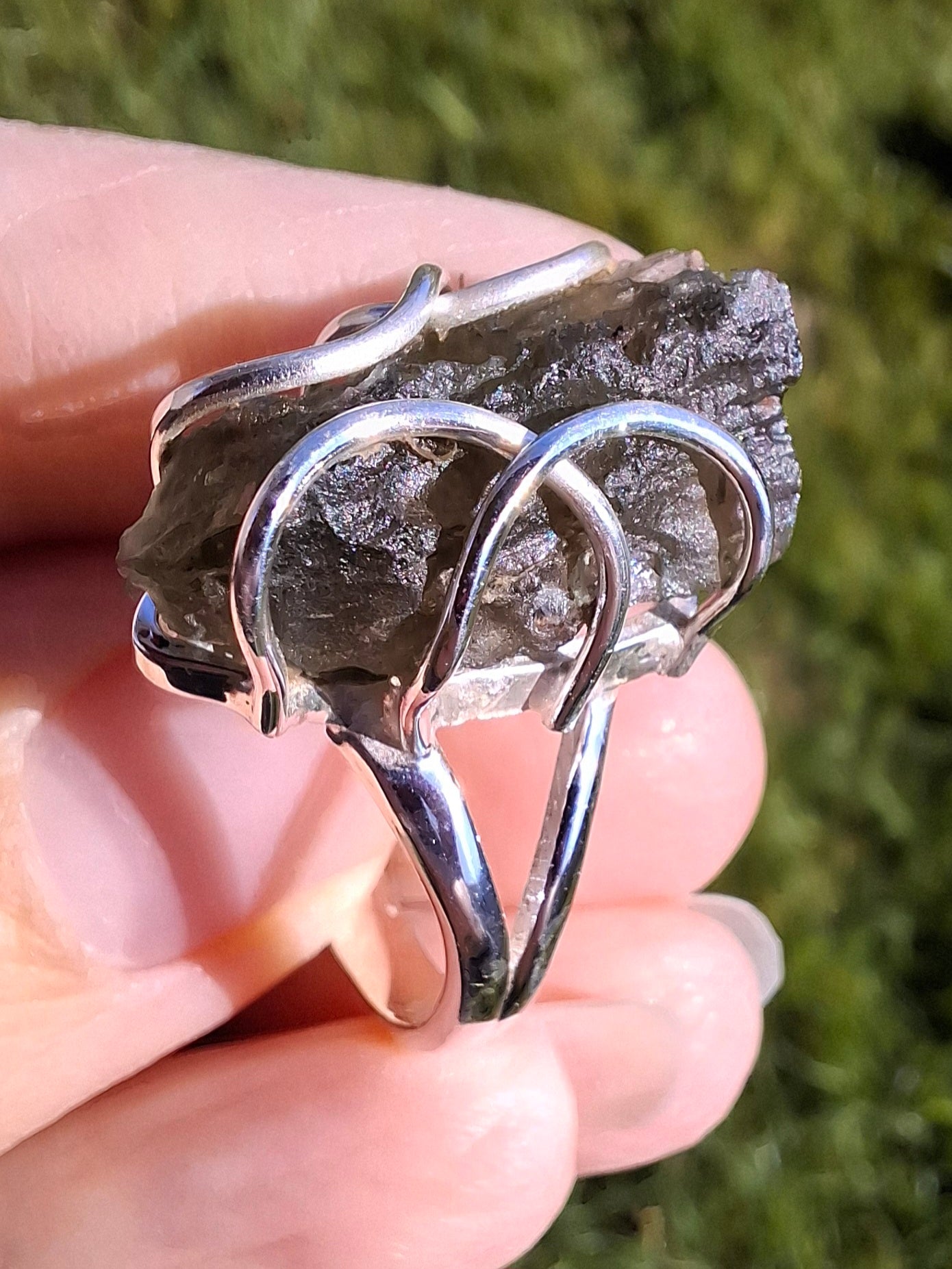 Moldavite Ring, size O, 925 Silver, Tektite (Ref: R8)