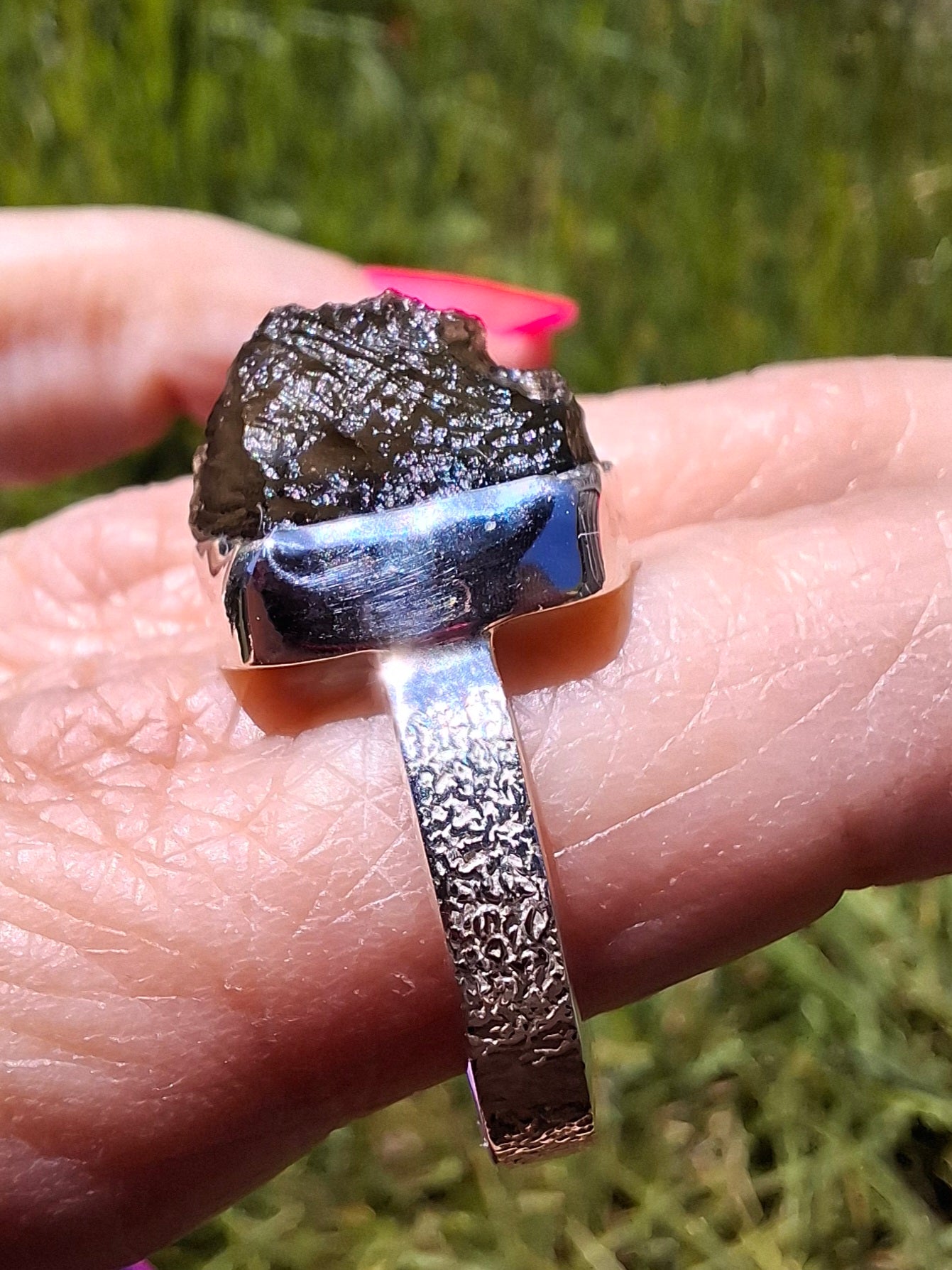 Moldavite Ring, size O, 925 Silver, Tektite (Ref: R312)