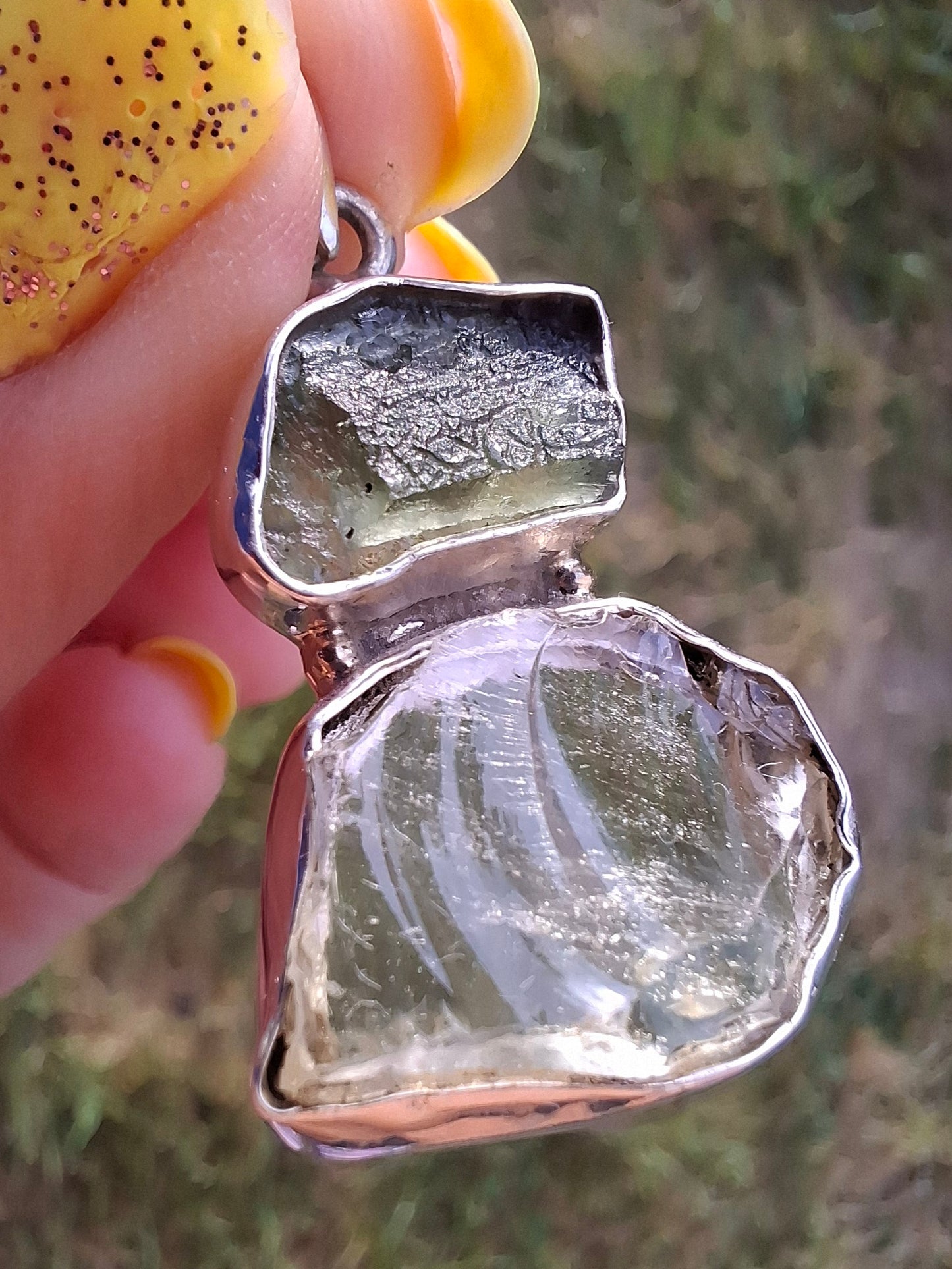 Moldavite & Libyan Desert Glass Pendant, 925 Silver, Tektite (Ref: MLP19)
