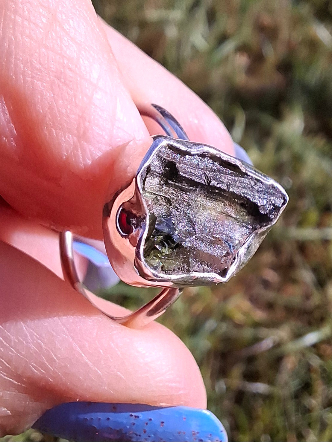 Moldavite Ring, size large N, 925 Silver, Tektite (Ref: R25)