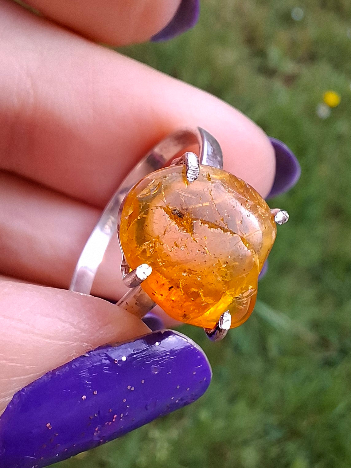 Baltic Amber Ring, size large Q, 925 Silver, Fossil (Ref: AR14)