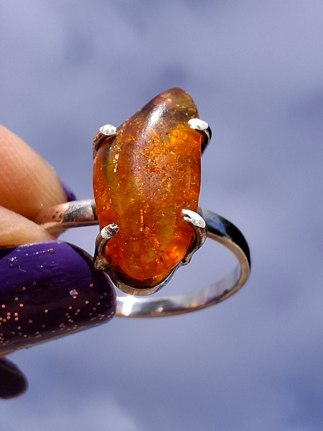 Baltic Amber Ring, size large T/small U, 925 Silver, Fossil (Ref: AR19)