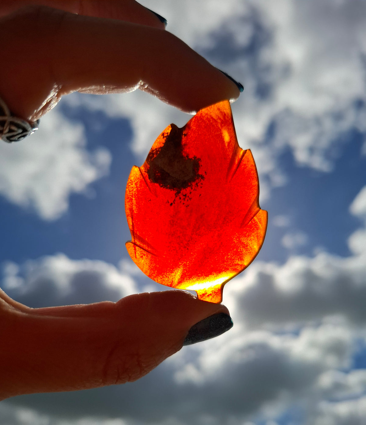 Red Amber Leaf Carving, 7.65g, Fossil (Ref: Leaf9)