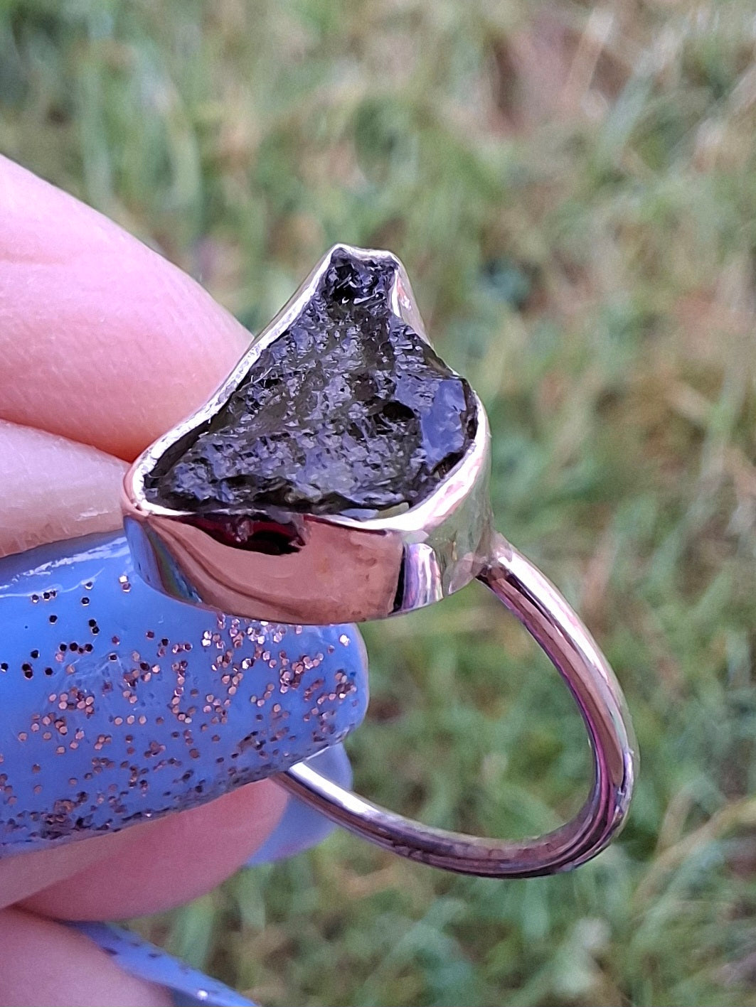 Moldavite Ring, size large M, 925 Silver, Tektite (Ref: R23)