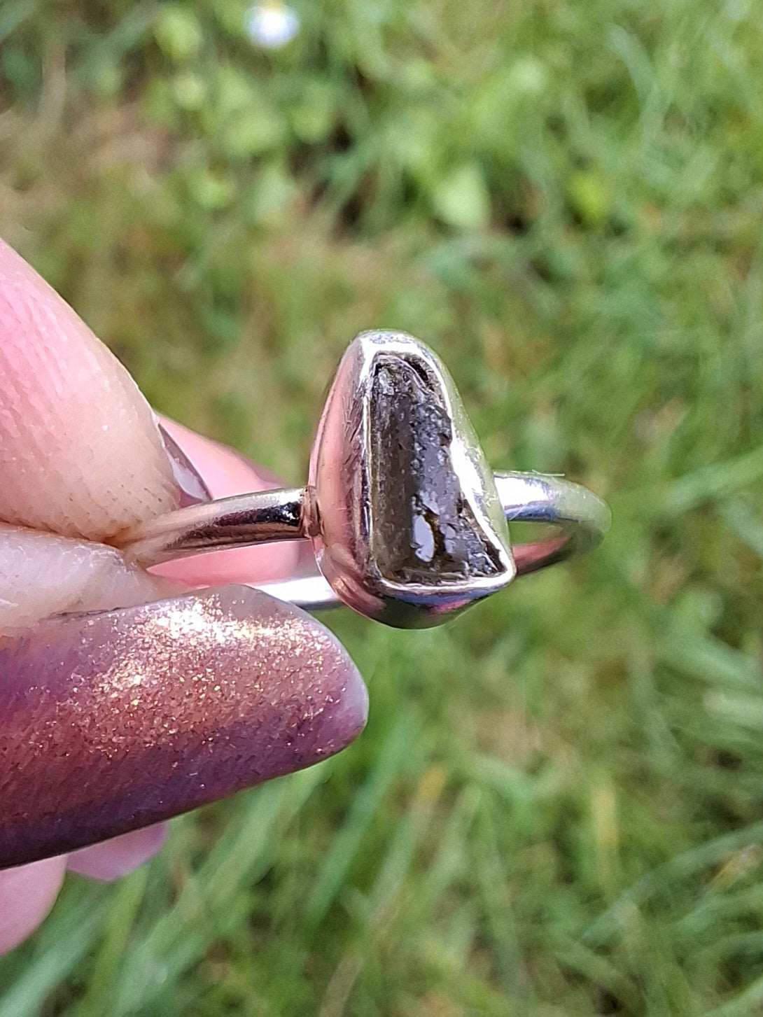 Moldavite Ring, size large K/small L, 925 Silver, Tektite (Ref: R58)