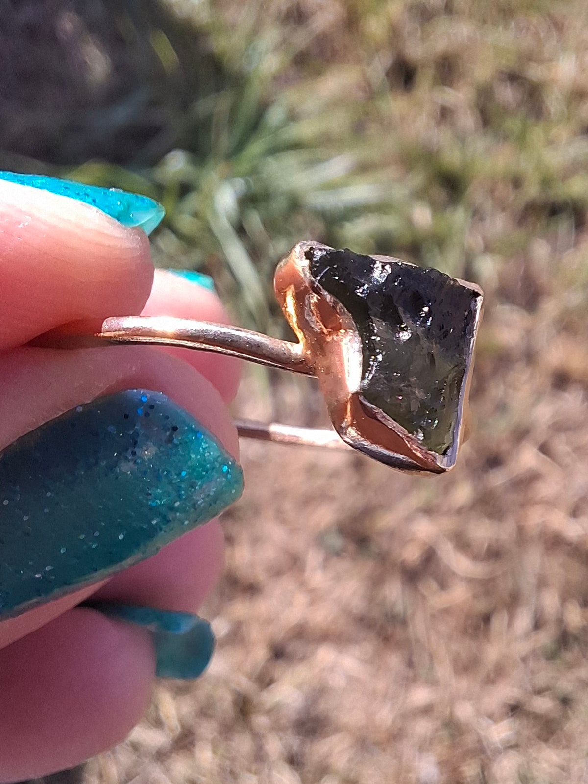 Moldavite Ring, 14K GOLD Plated, size large U, Tektite (Ref: R351)
