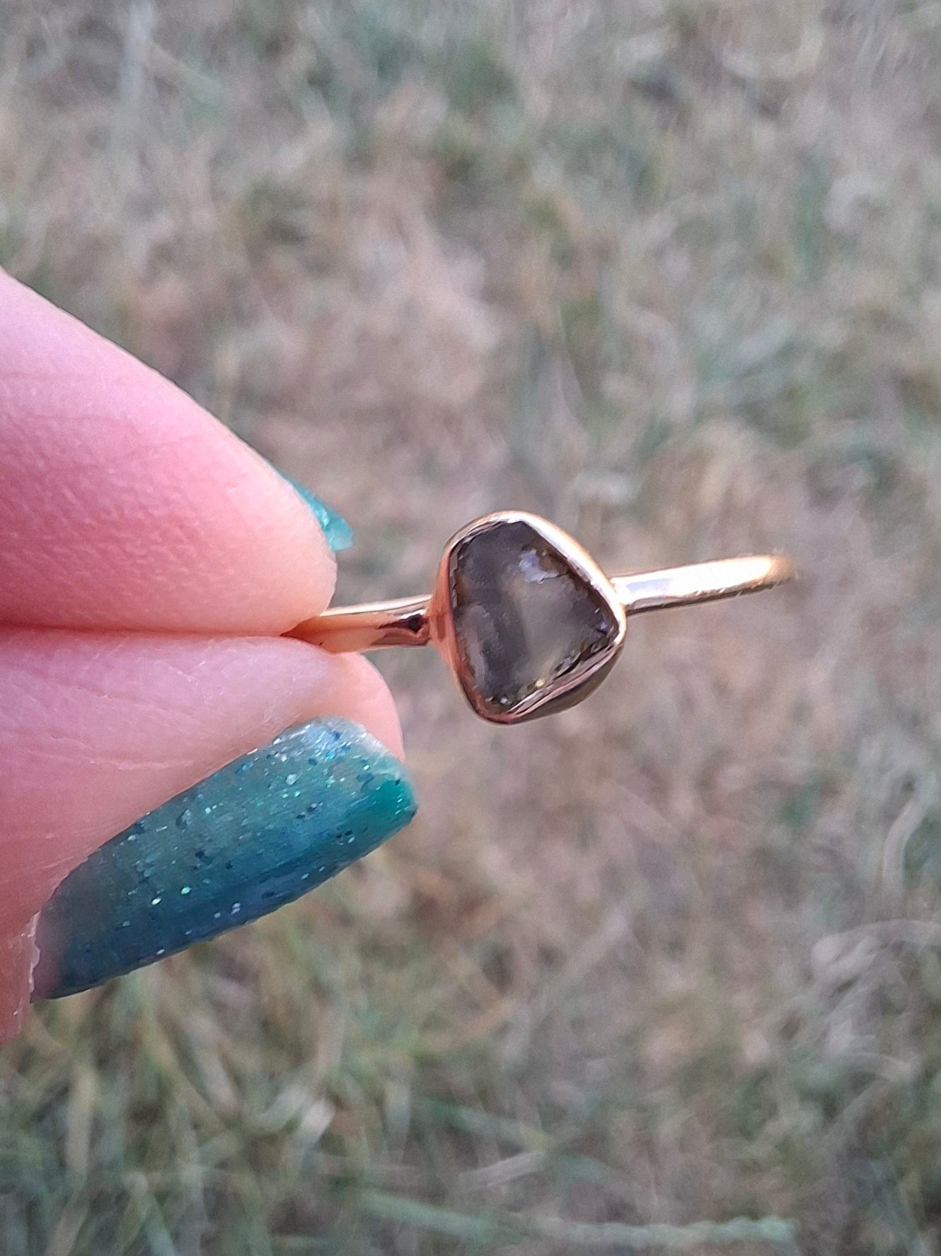 Moldavite Ring,14K GOLD Plated, size large O, Tektite (Ref: R344)
