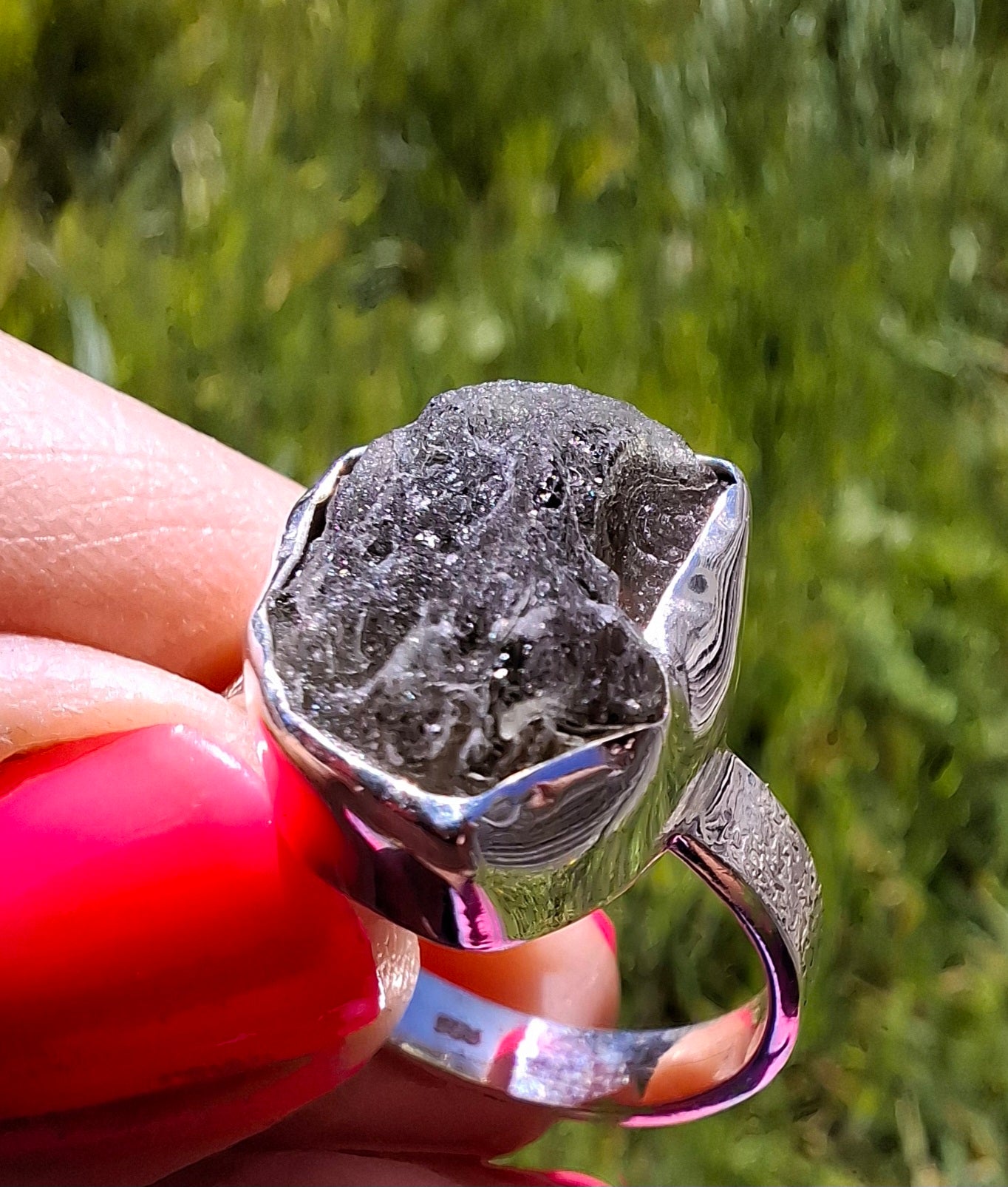 Moldavite Ring, size R, 925 Silver, Tektite (Ref: R318)
