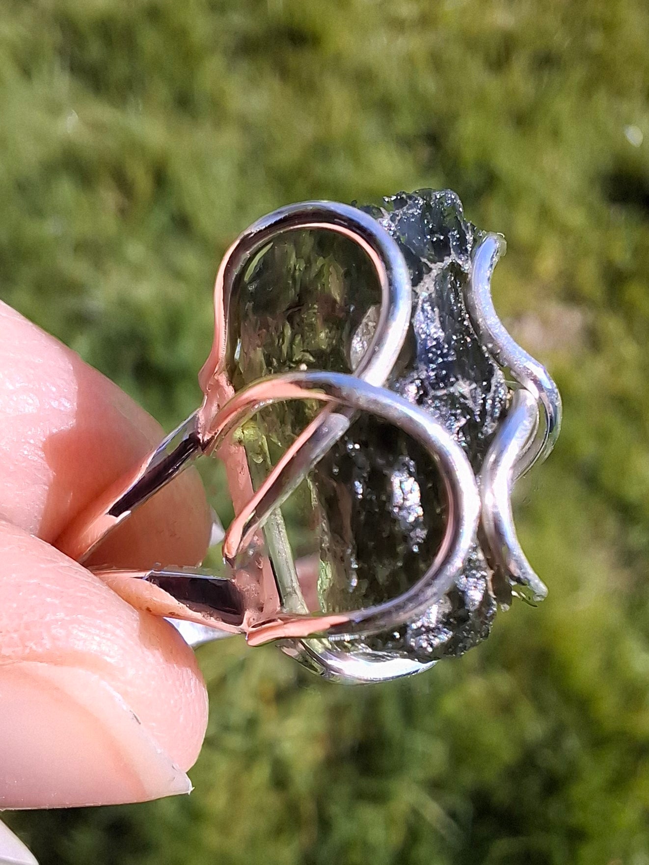 Moldavite Ring, size O, 925 Silver, Tektite (Ref: R9)
