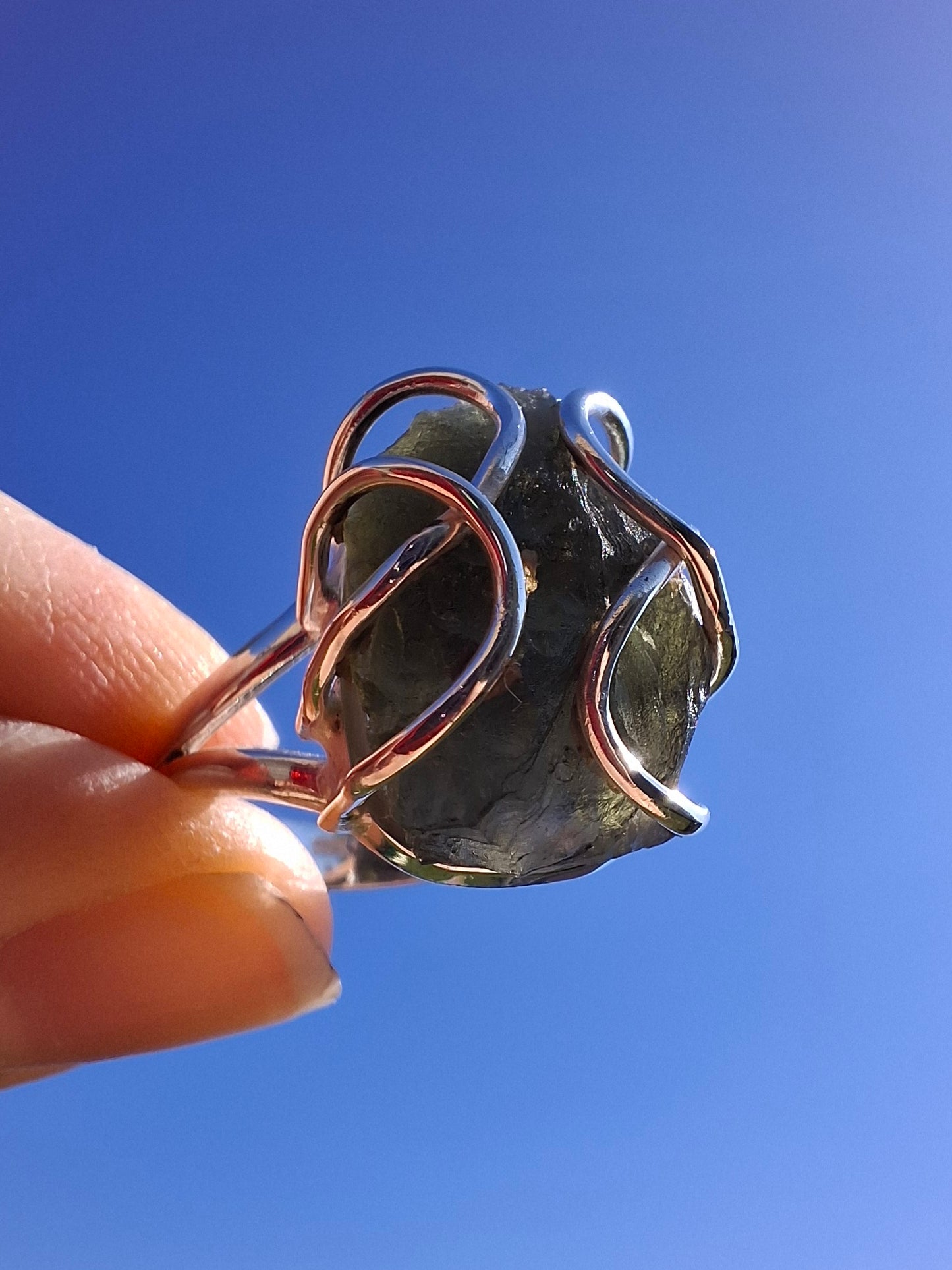 Moldavite Ring, size S, 925 Silver, Tektite (Ref: R12)