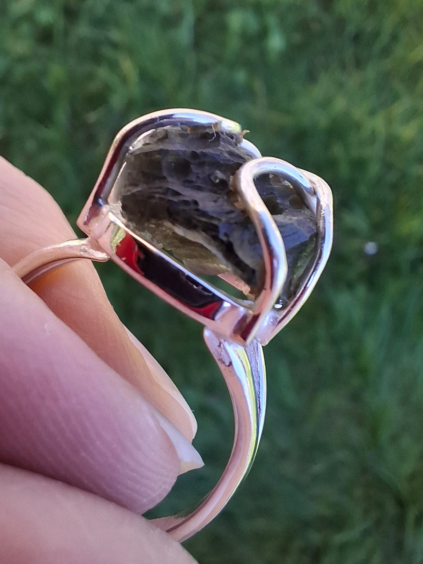 Moldavite Ring, size S, 925 Silver, Tektite (Ref: R12)