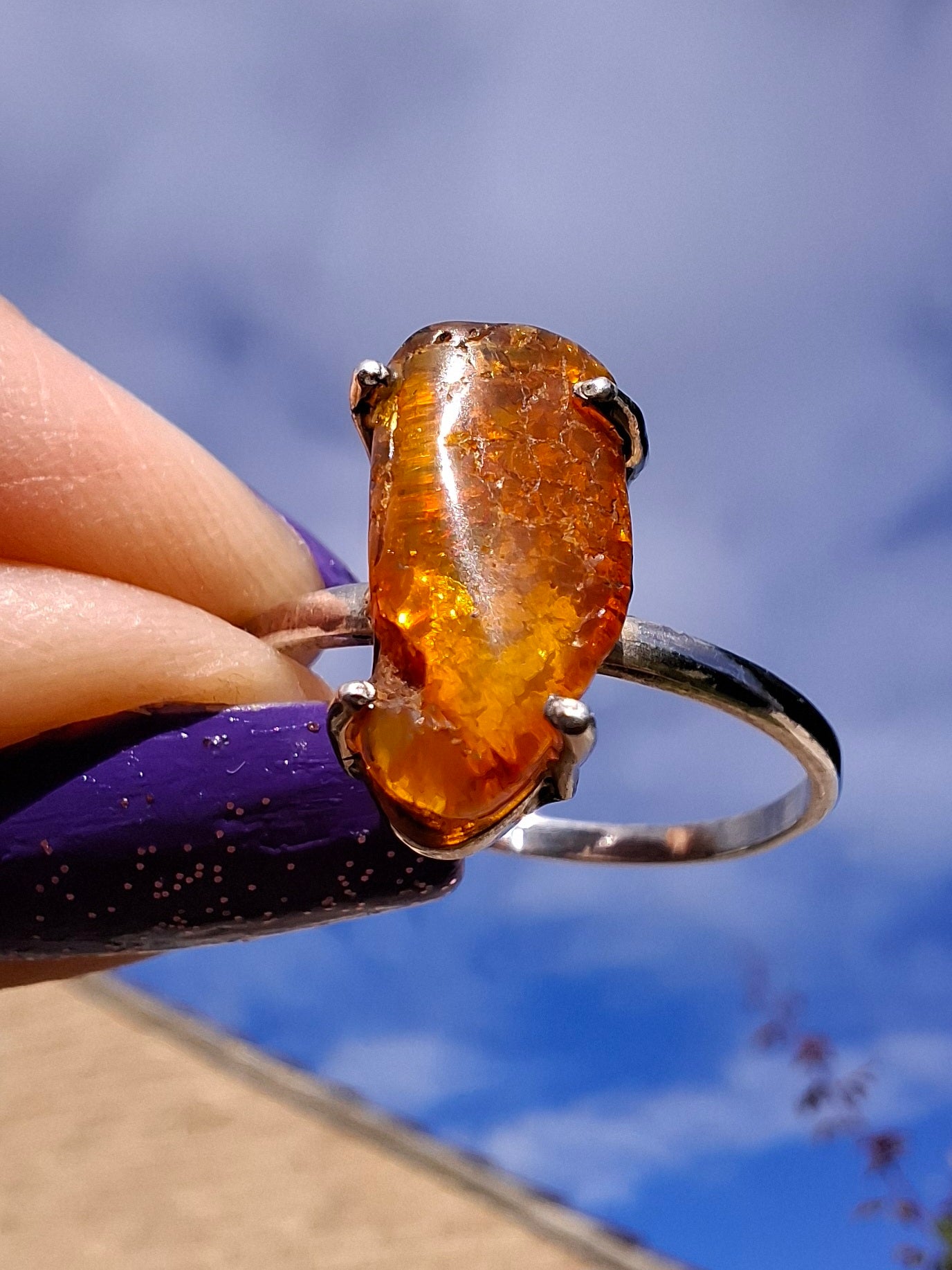 Baltic Amber Ring, size large Y, 925 Silver, Fossil (Ref: AR22)
