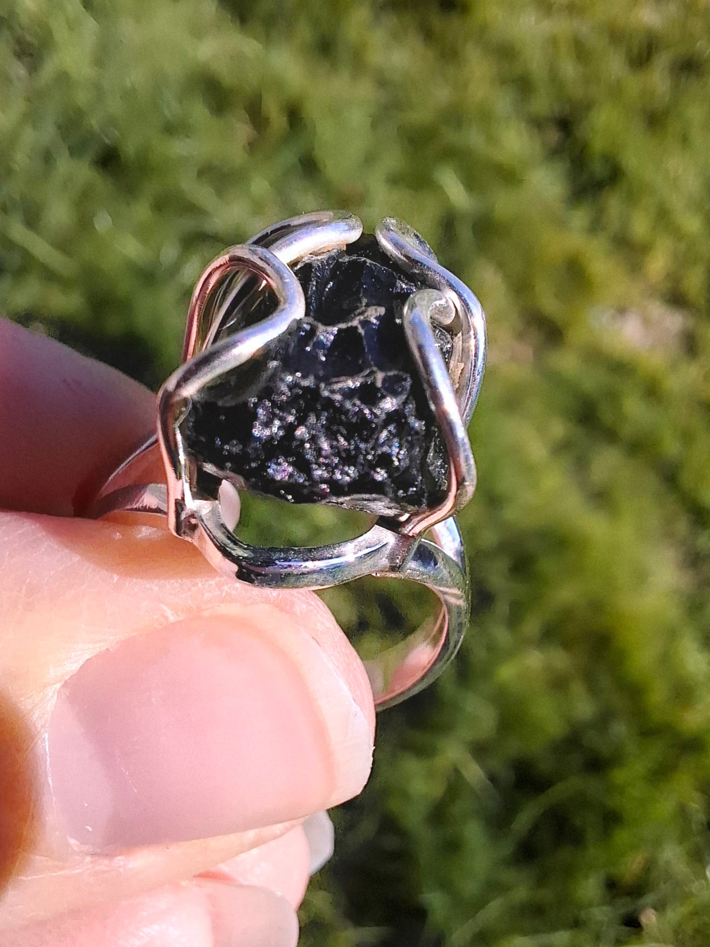 Moldavite Ring, size O, 925 Silver, Tektite (Ref: R9)