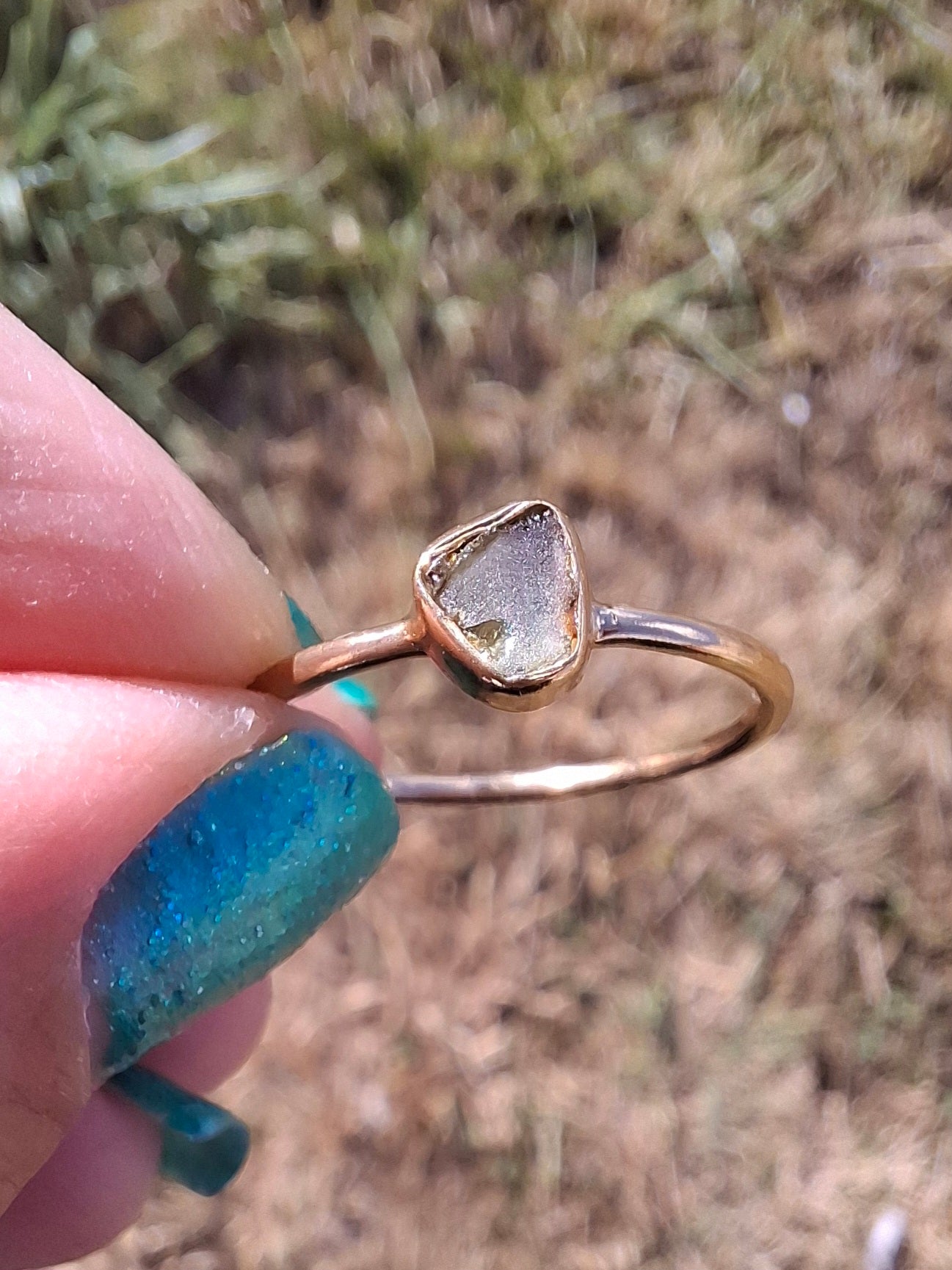 Moldavite Ring,14K GOLD Plated, size large O, Tektite (Ref: R344)