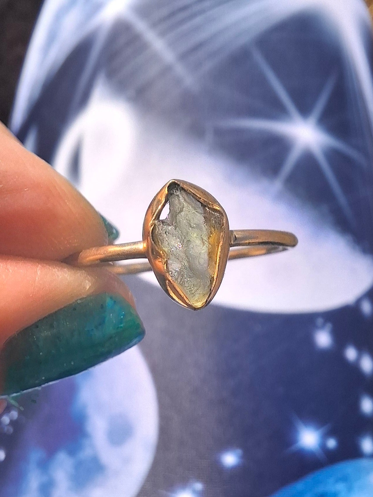 Moldavite Ring, 14K GOLD Plated, size large T, Tektite (Ref: R347)