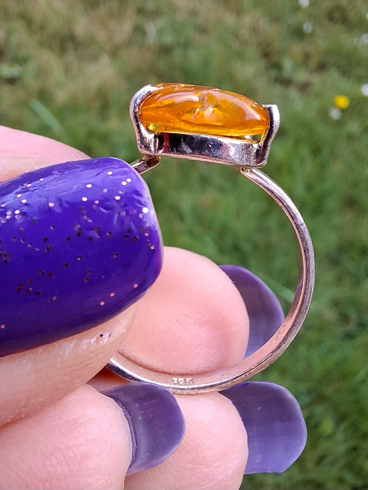 Baltic Amber Ring, size large Q, 925 Silver, Fossil (Ref: AR14)