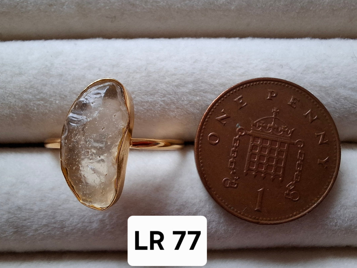 Libyan Desert Glass Ring, 14K GOLD Plated, size Q, Tektite (Ref: LR77)