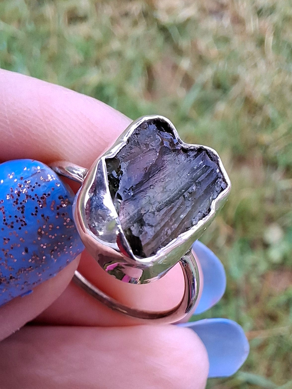Moldavite Ring, size large N, 925 Silver, Tektite (Ref: R25)
