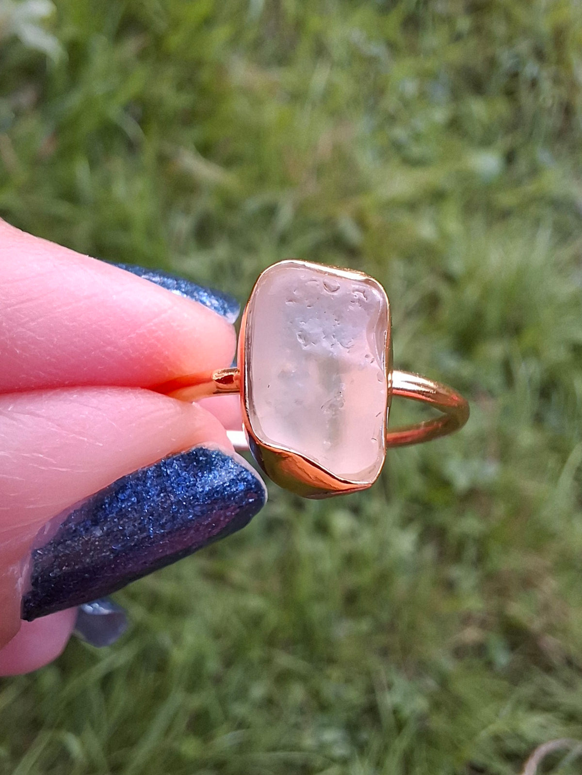 Libyan Desert Glass Ring, 14K GOLD Plated, size large Q, Tektite (Ref: LR64)