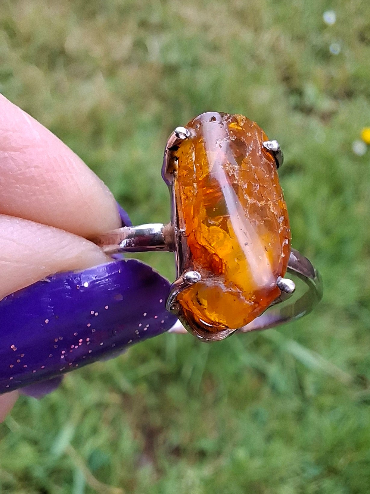 Baltic Amber Ring, size large Y, 925 Silver, Fossil (Ref: AR22)