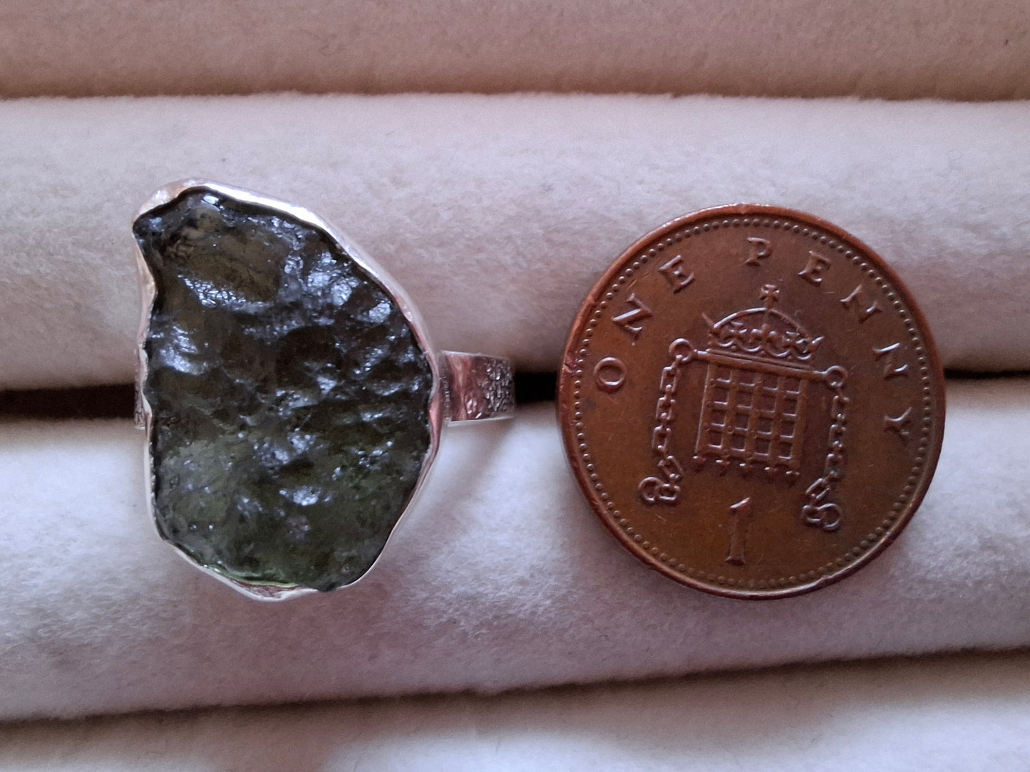 Moldavite Ring, size O, 925 Silver, Tektite (Ref: R311)