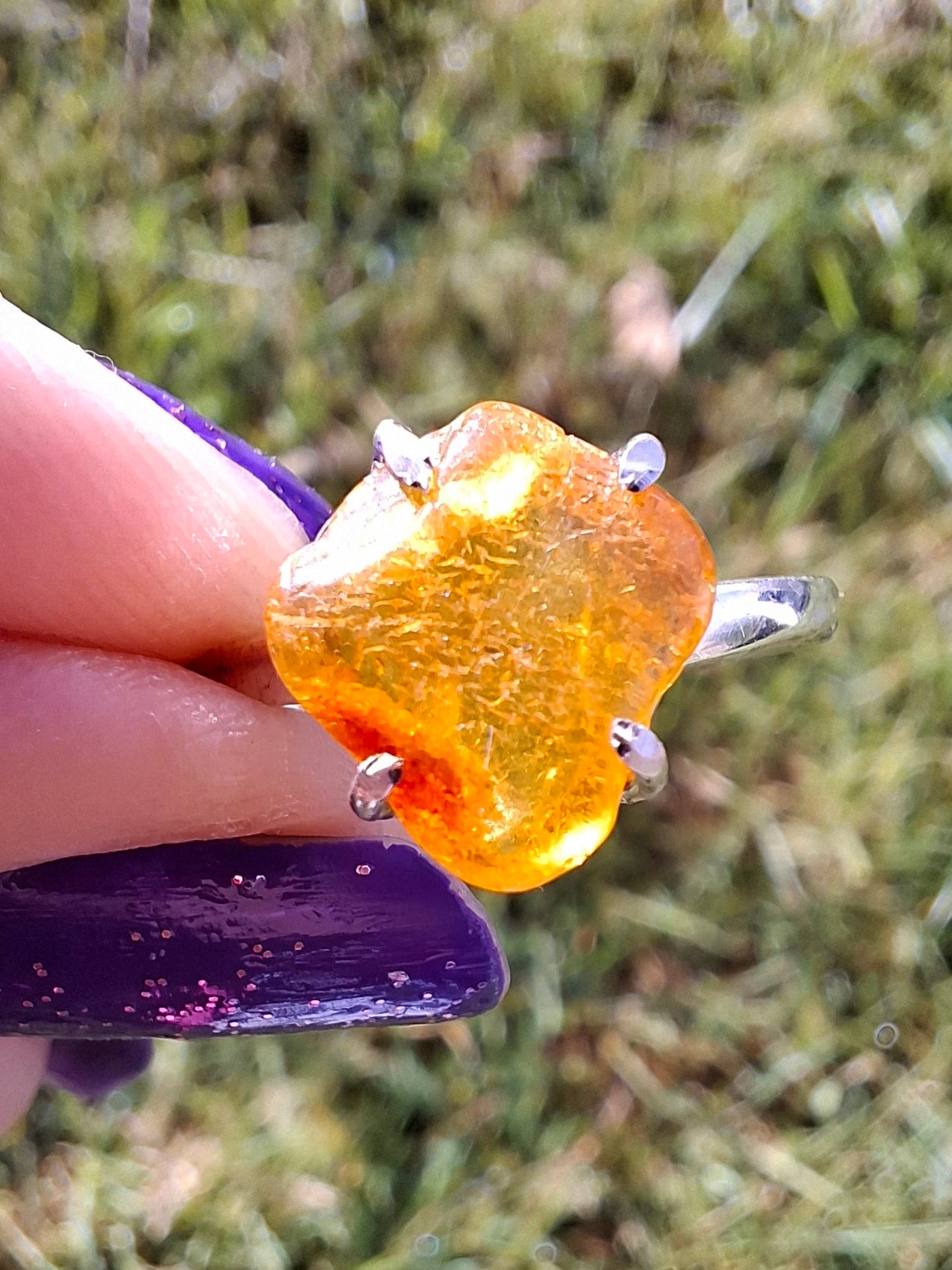 Baltic Amber Ring, size large R, 925 Silver, Fossil (Ref: AR16)