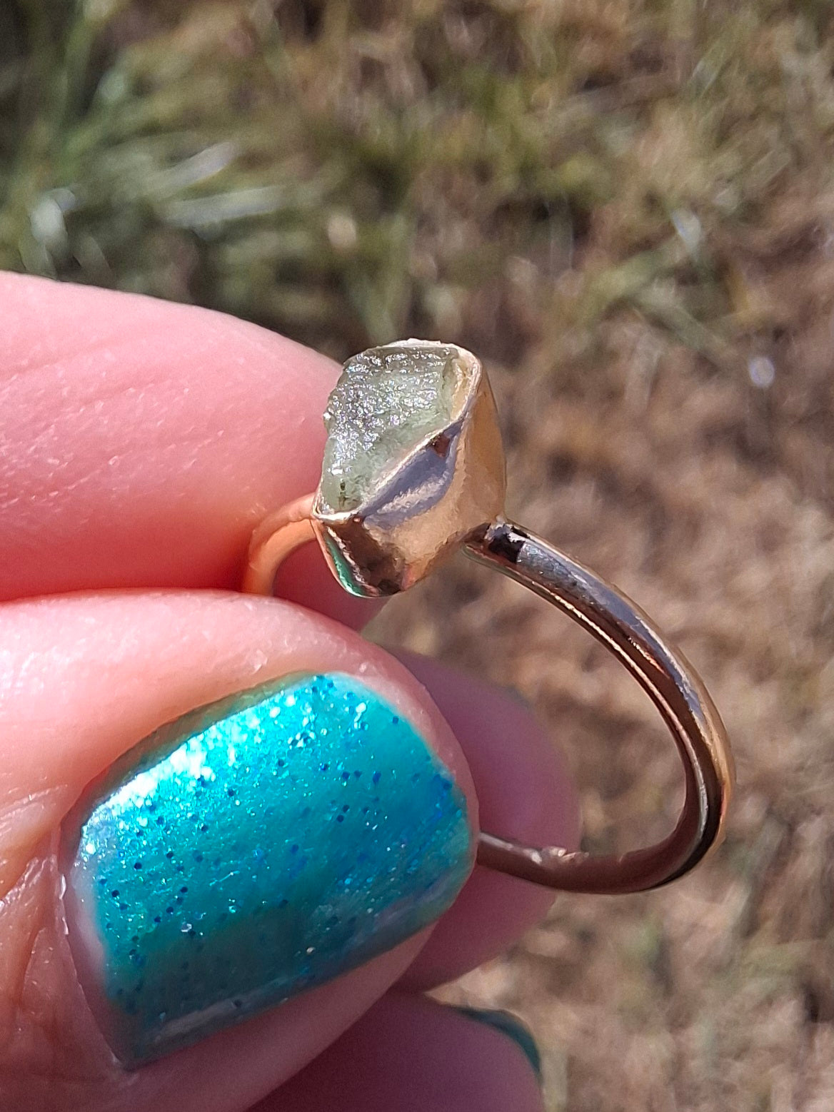 Moldavite Ring, 14K GOLD Plated, size large J, Tektite (Ref: R338)
