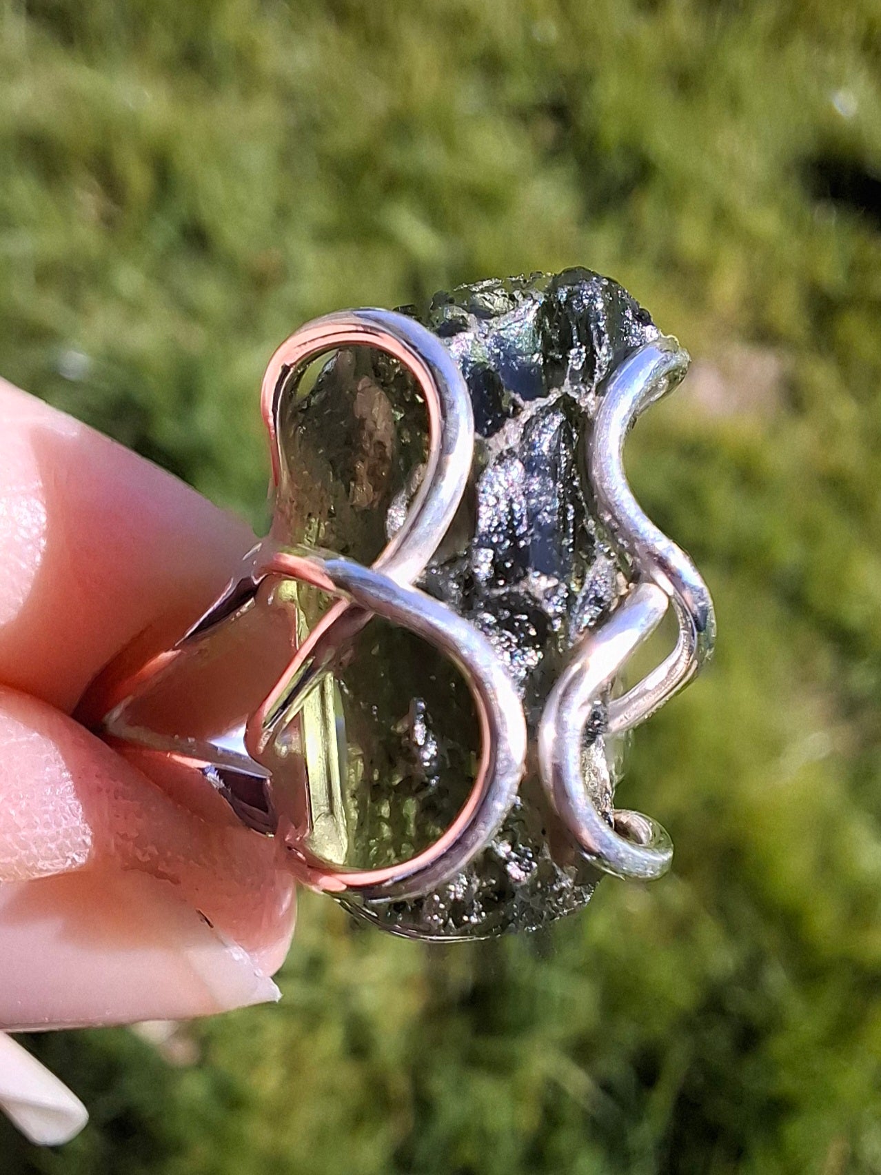 Moldavite Ring, size O, 925 Silver, Tektite (Ref: R9)