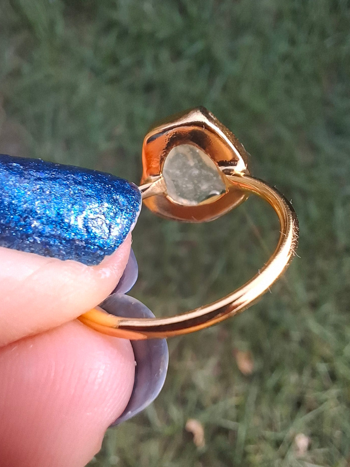 Libyan Desert Glass Ring, 14K GOLD Plated, size large N, Tektite (Ref: LR75)
