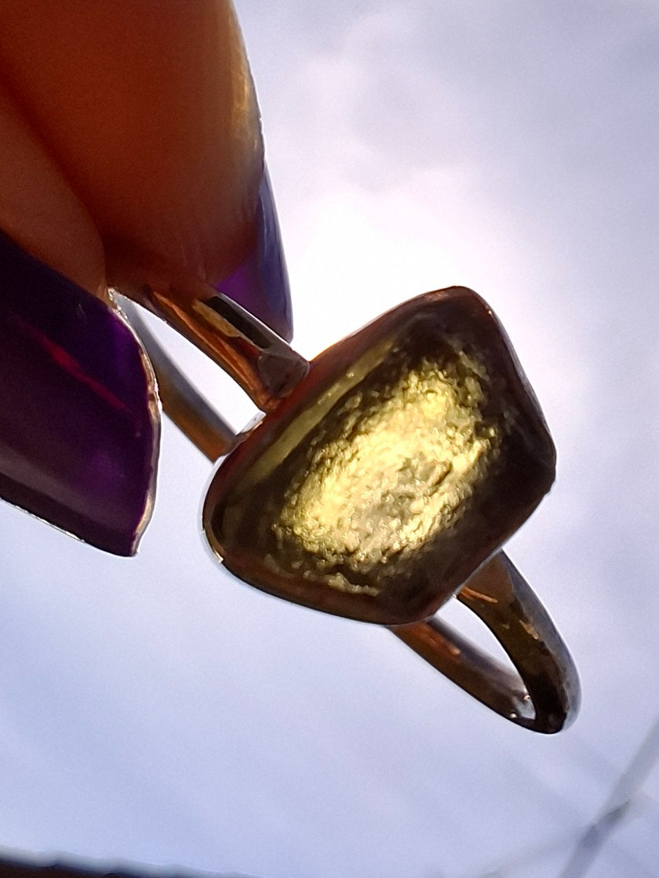Moldavite Ring, size small W, 925 Silver, Tektite (Ref: R59)