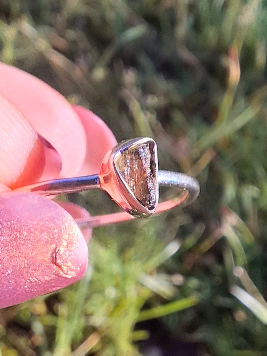 Moldavite Ring, size small T, 925 silver, Tektite (Ref: 56)