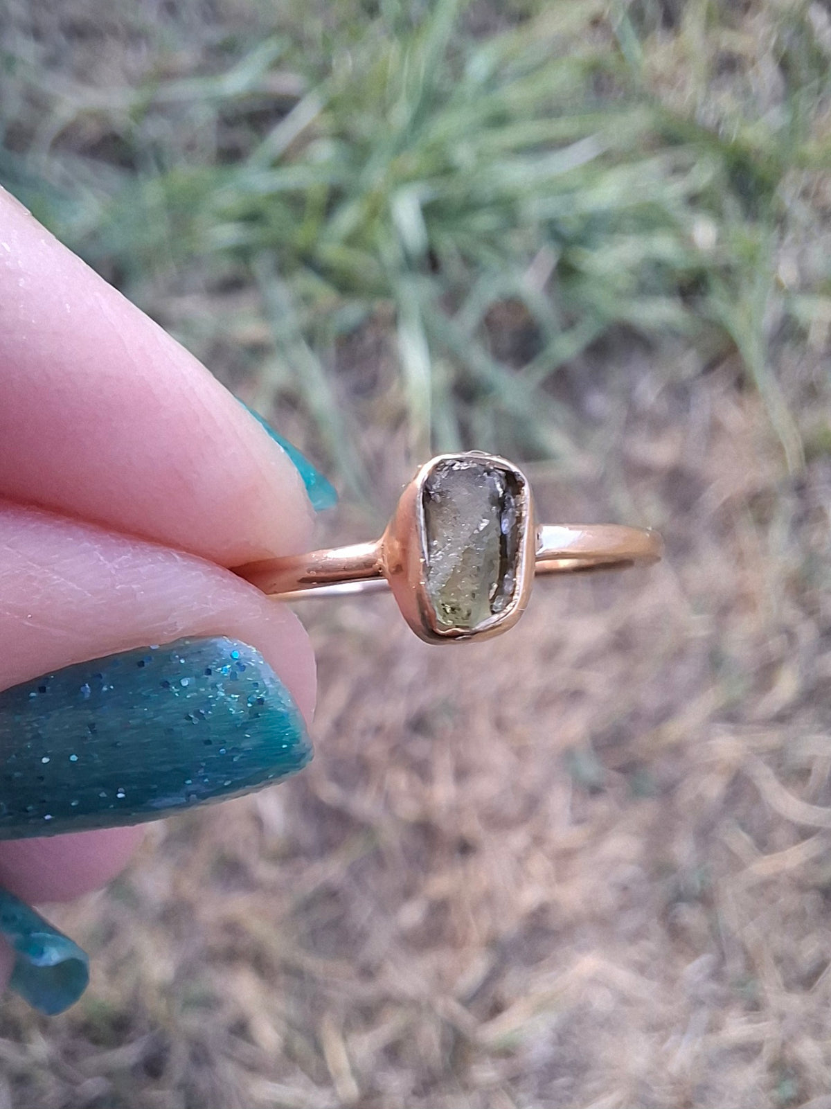 Moldavite Ring, 14K GOLD Plated, size large M, Tektite (Ref: R337)
