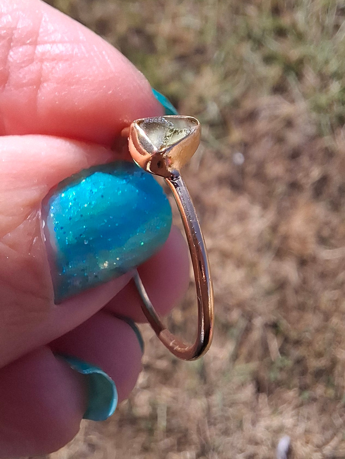 Moldavite Ring, 14K GOLD Plated, size large T, Tektite (Ref: R349)