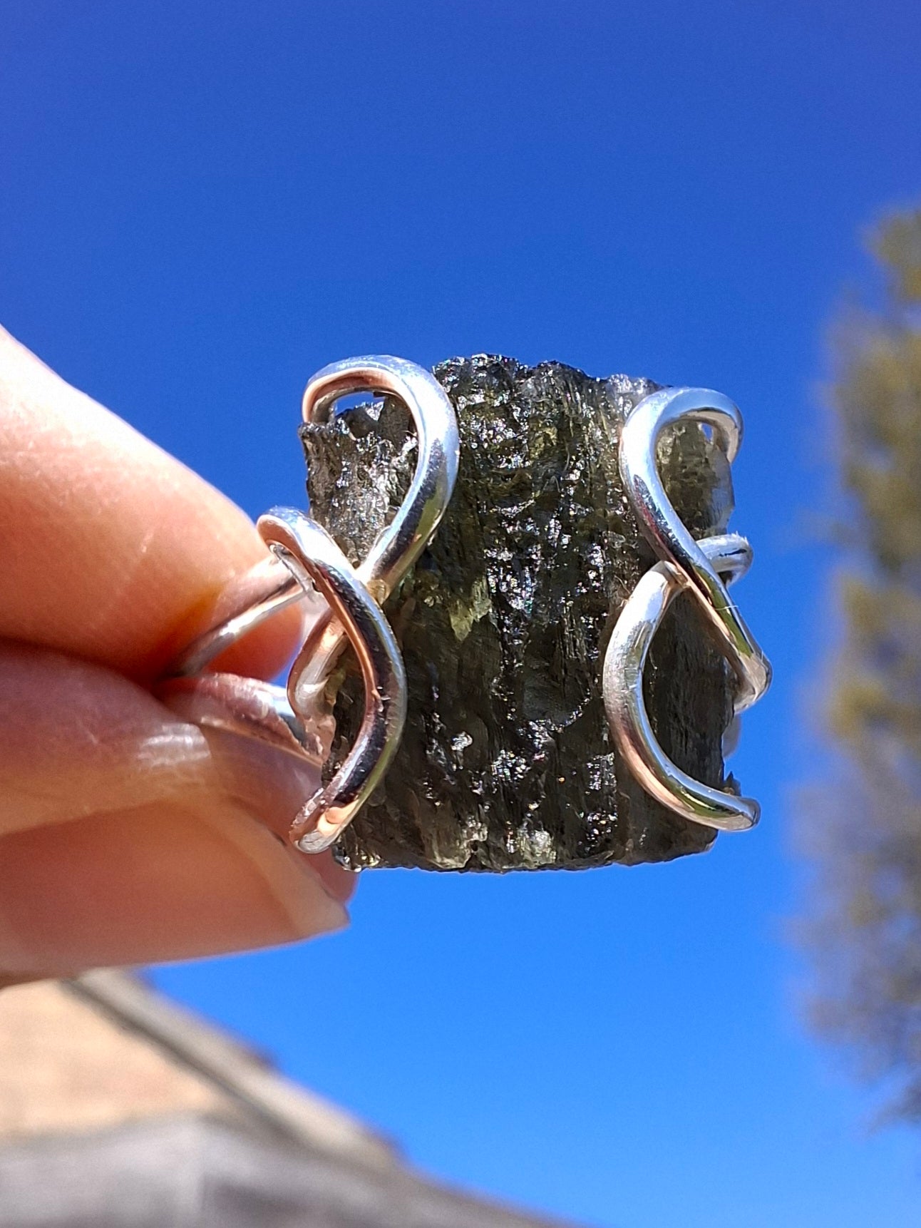 Moldavite Ring, size U, 925 Silver, Tektite (Ref: R14)