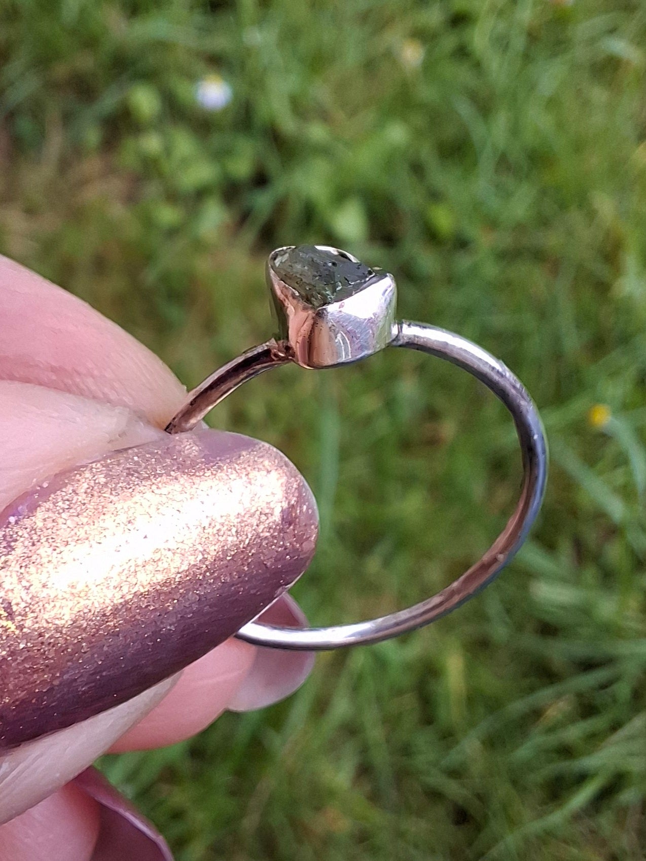 Moldavite Ring, size R, 925 Silver, Tektite (Ref: R64)