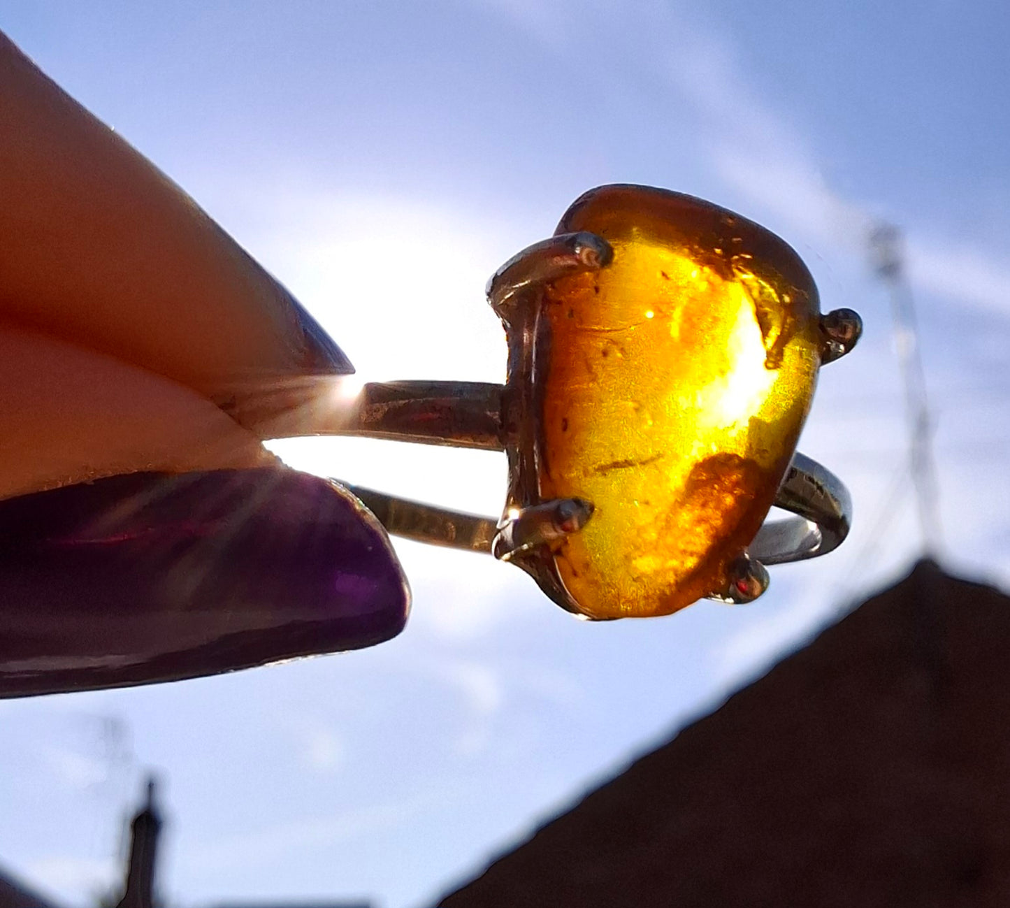 Baltic Amber Ring, size large V, 925 Silver, Fossil (Ref: AR24)