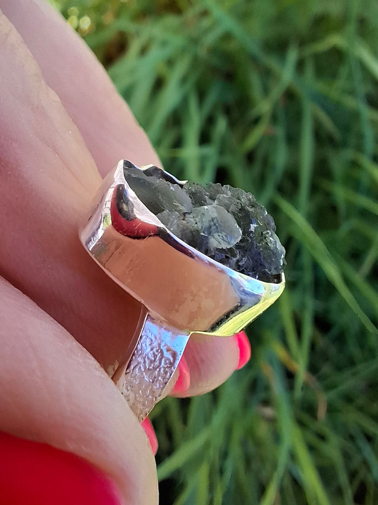 Moldavite Ring, size H, 925 Silver, Tektite (Ref: R294)