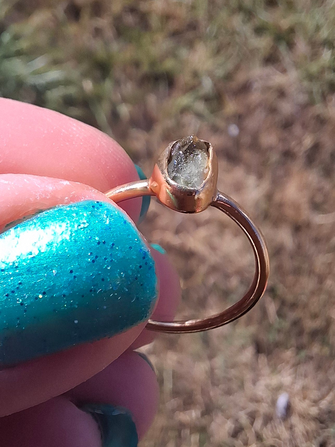 Moldavite Ring, 14K GOLD Plated, size small L, Tektite (Ref: R342)