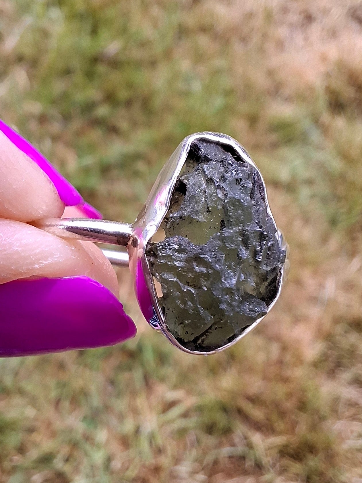 Moldavite ADJUSTABLE Ring, size large R, 925 Silver, Tektite (Ref: AR49)