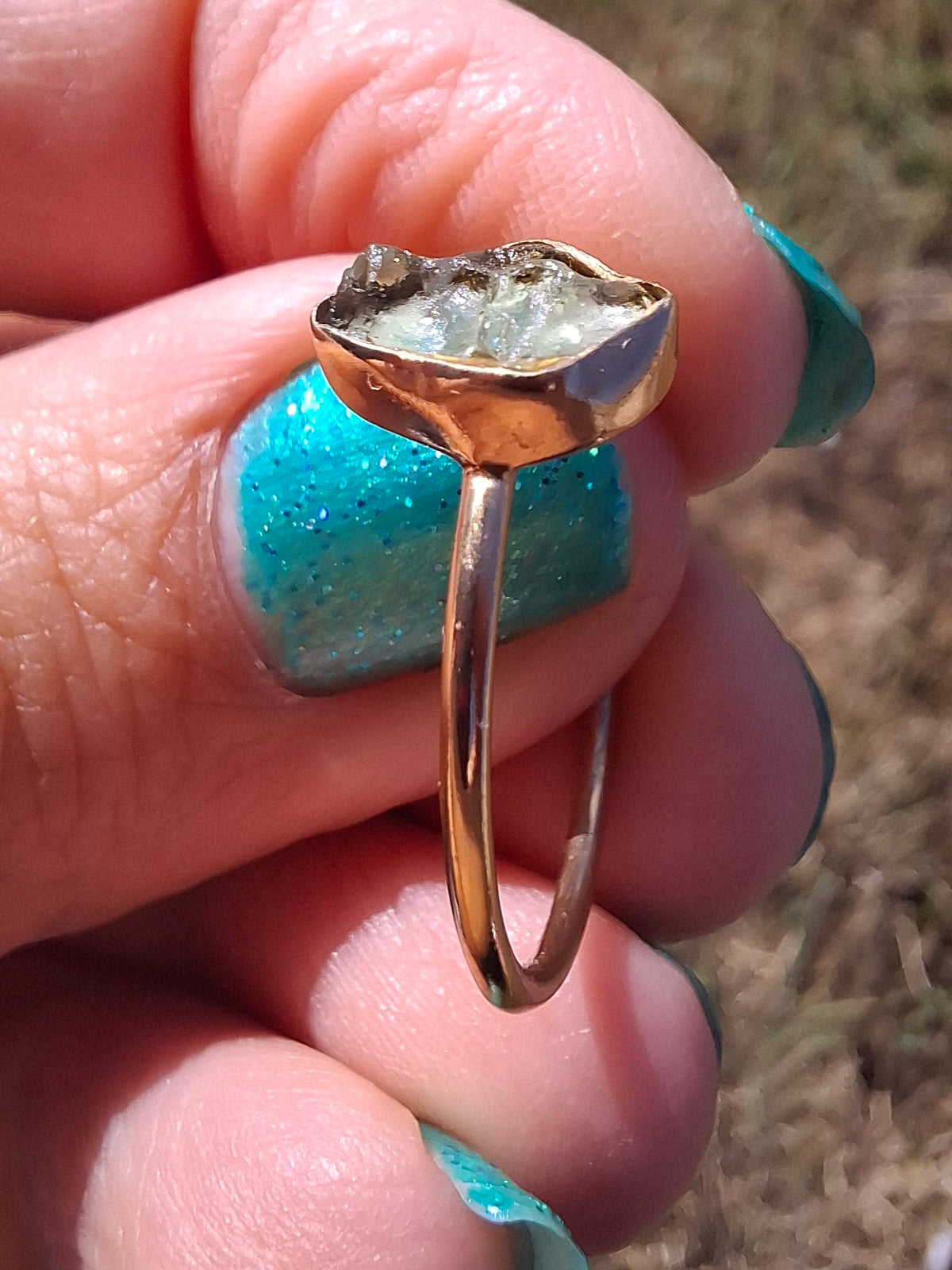 Moldavite Ring, 14K GOLD Plated, size large T, Tektite (Ref: R347)