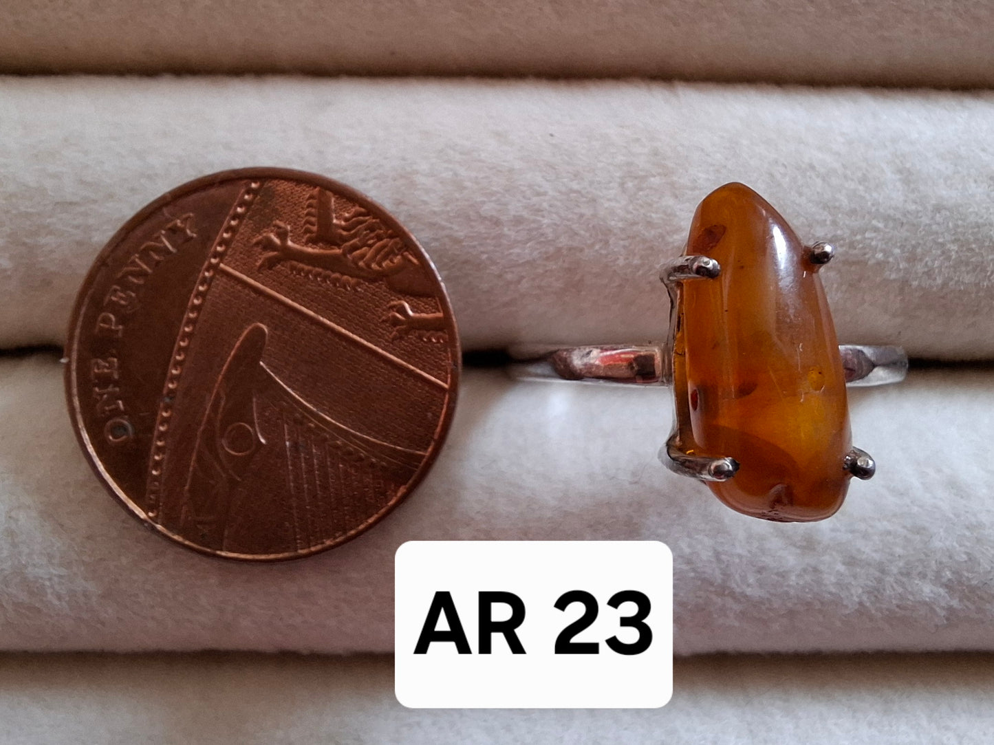 Baltic Amber Ring, size large V, 925 Silver, Fossil (Ref: AR23)