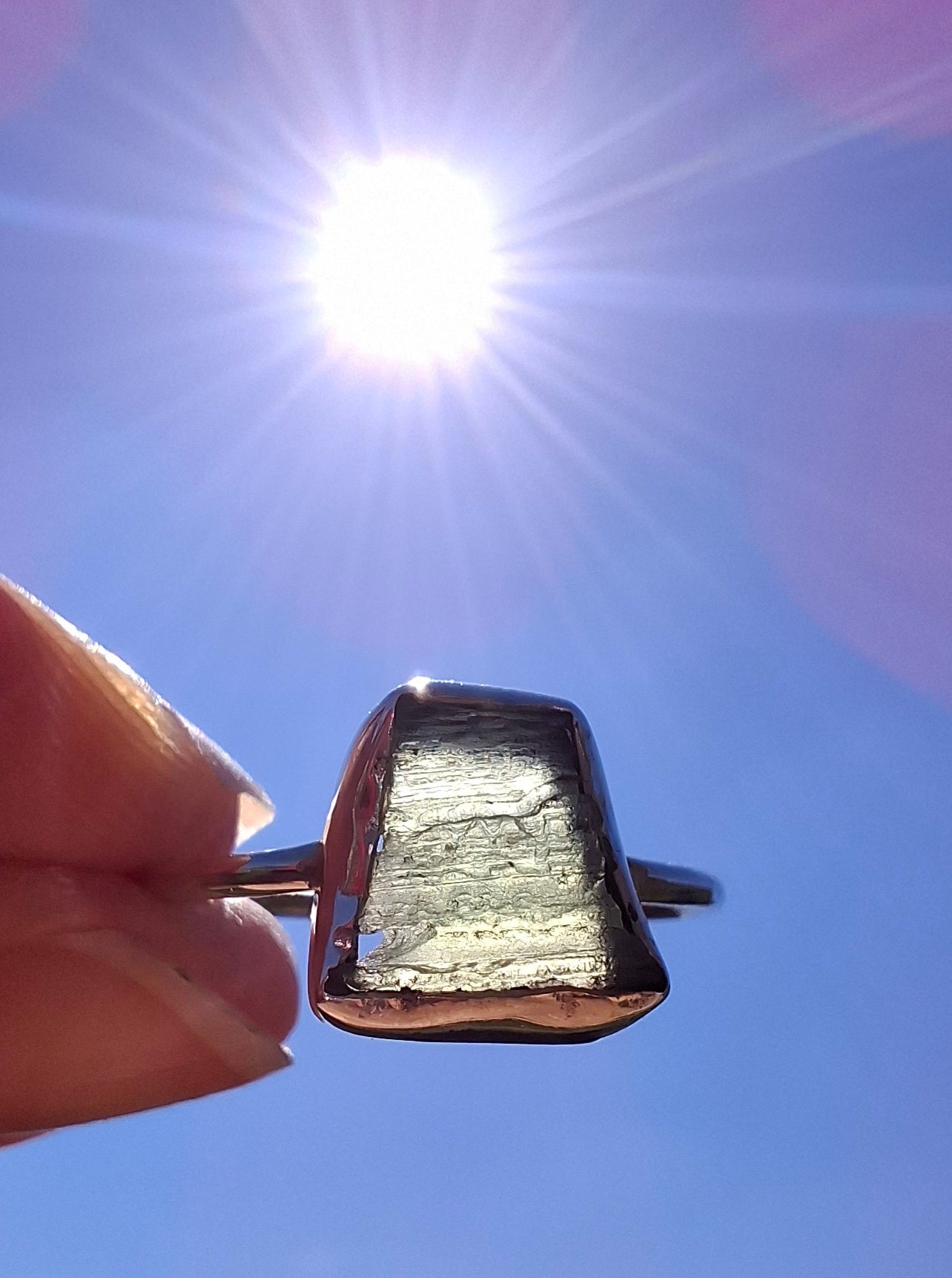 Moldavite Ring, size large P/small Q, 925 Silver, Tektite (Ref: R26)