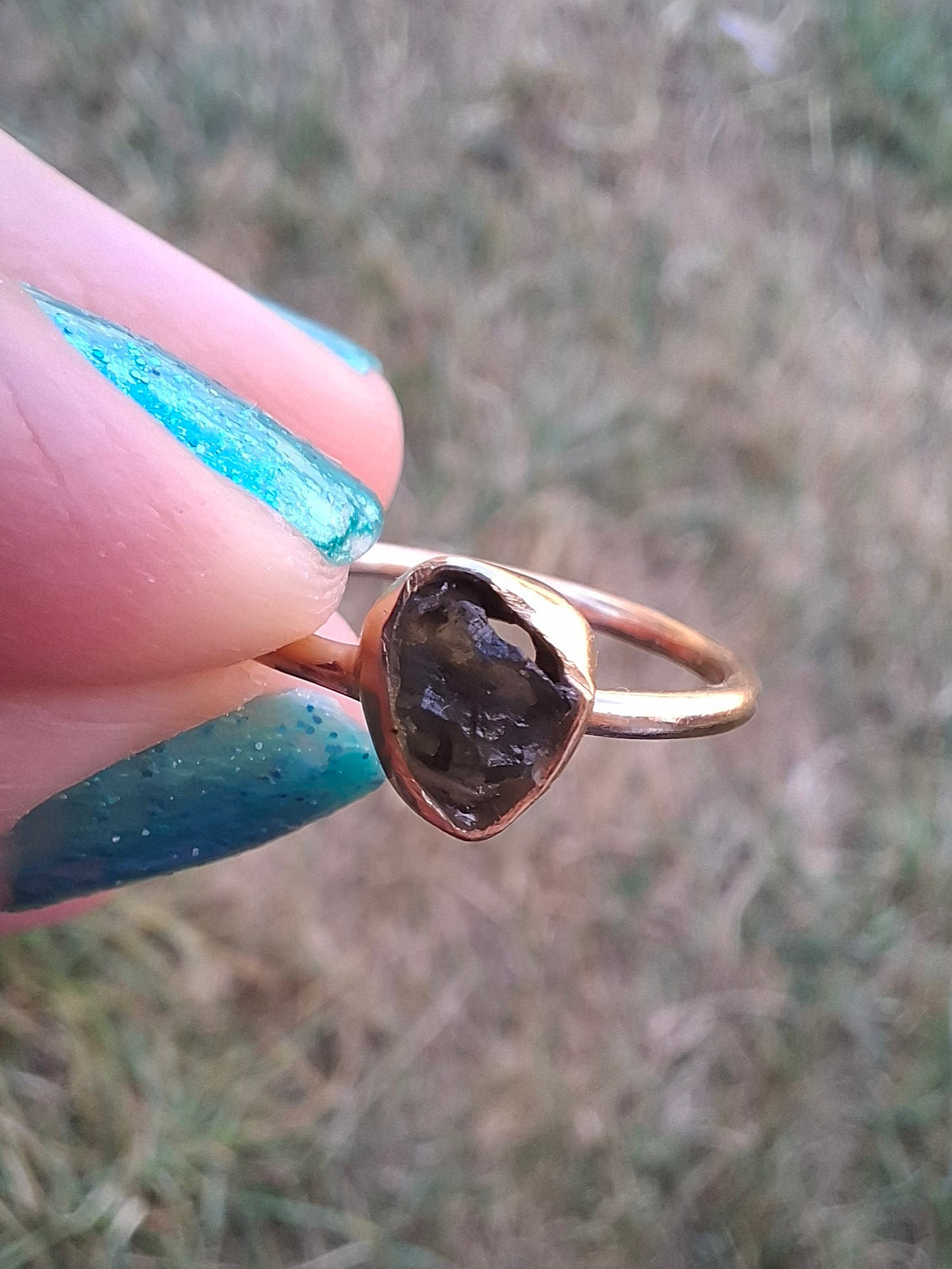 Moldavite Ring, 14K GOLD Plated, size large L, Tektite (Ref: R343)