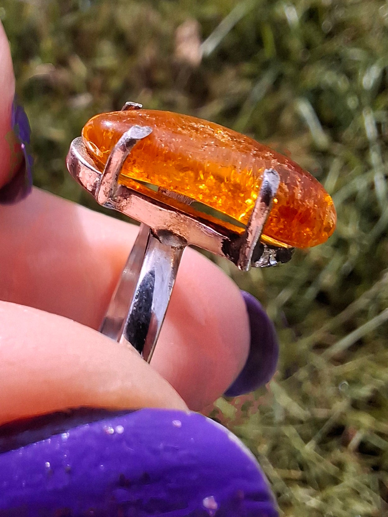 Baltic Amber Ring, size large T/small U, 925 Silver, Fossil (Ref: AR19)