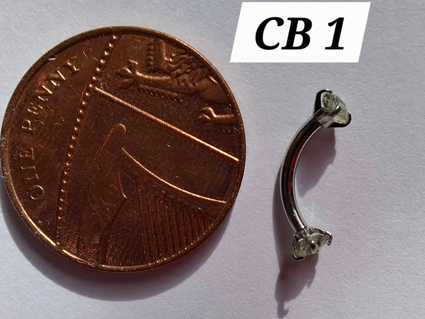 Moldavite (raw) CURVED BARBELL eyebrow body bar, 16G, Surgical steel, Tektite (Ref: CB1)
