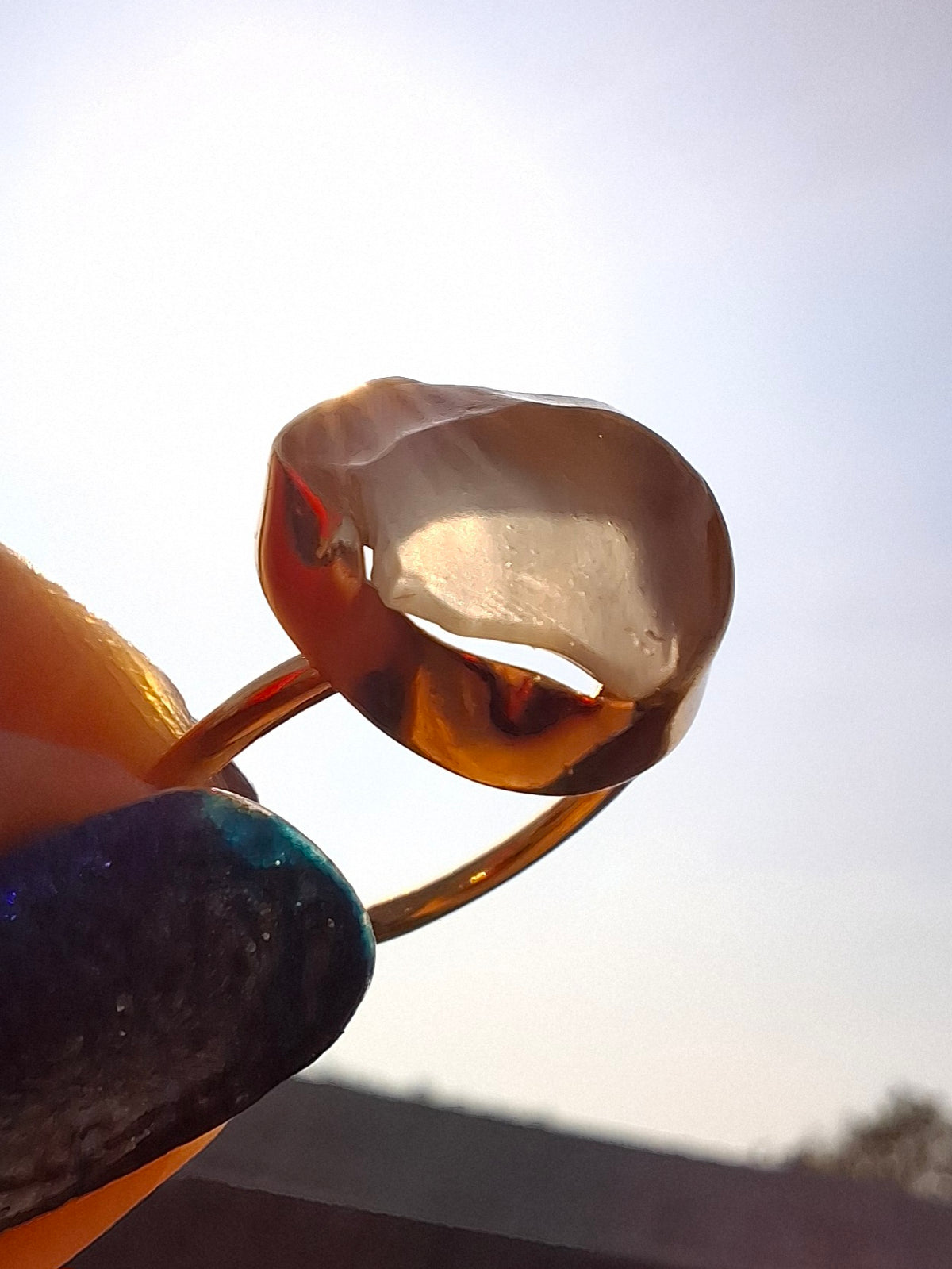 Libyan Desert Glass Ring, 14K GOLD Plated, size large M, Tektite (Ref: LR78)