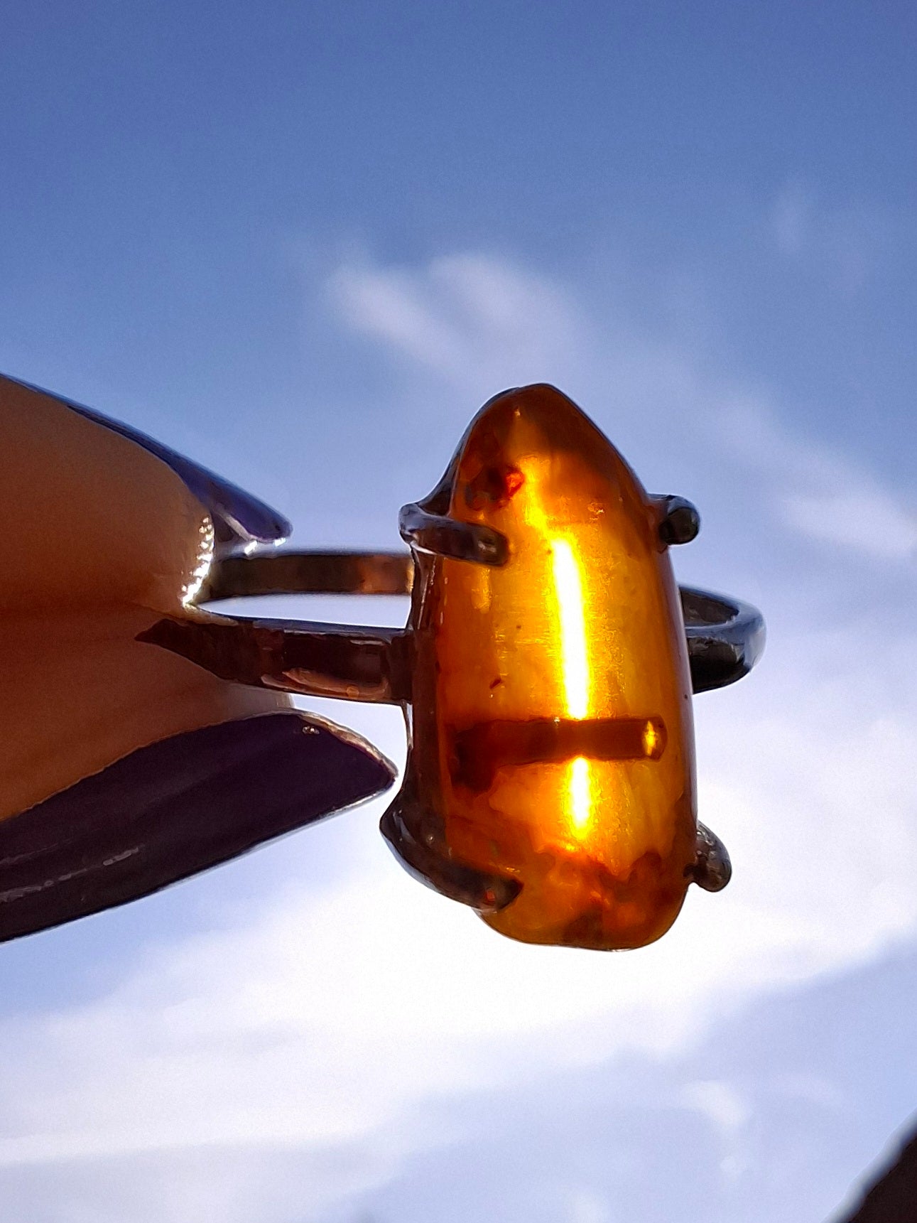 Baltic Amber Ring, size large V, 925 Silver, Fossil (Ref: AR23)