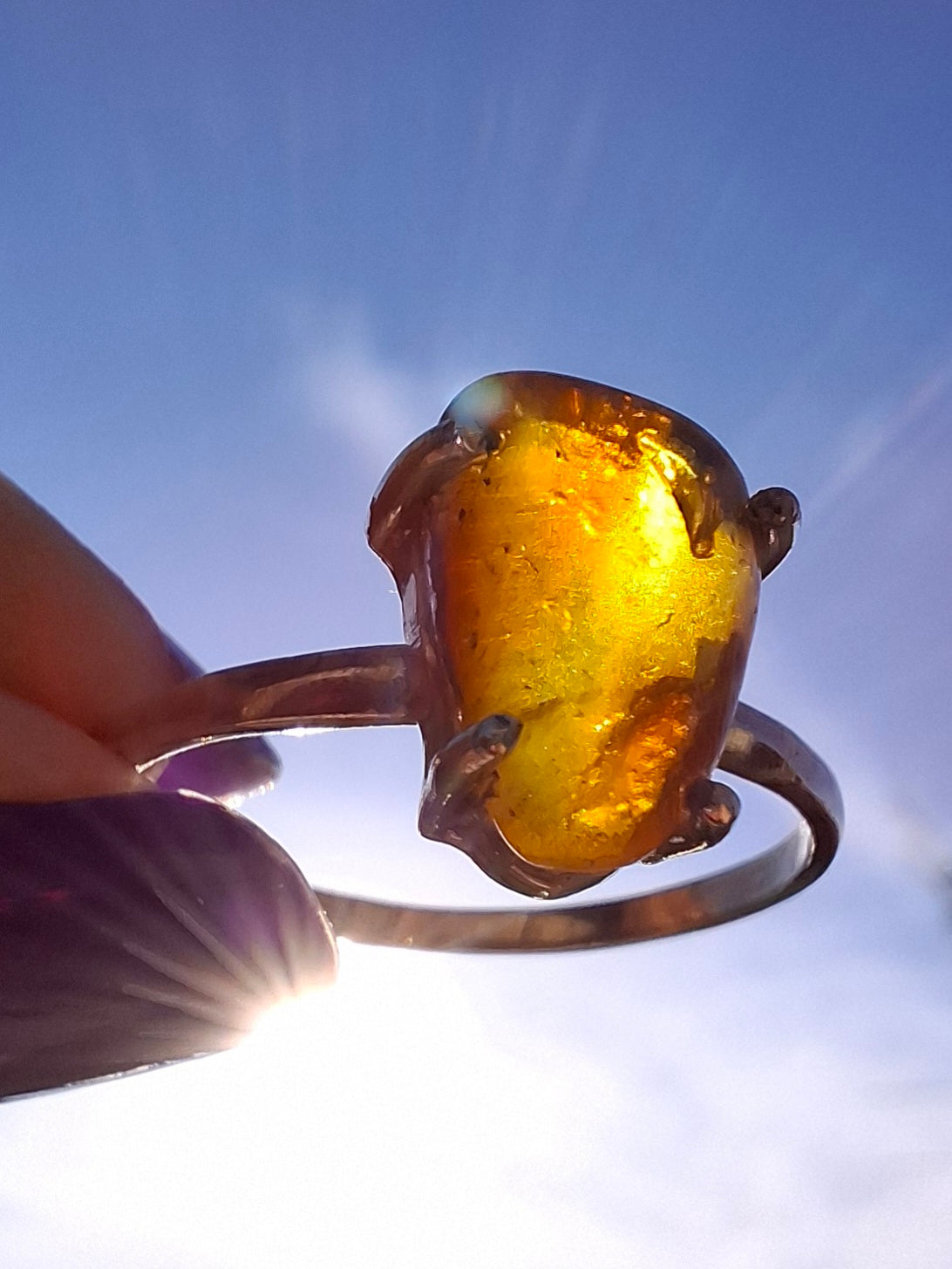 Baltic Amber Ring, size large V, 925 Silver, Fossil (Ref: AR24)