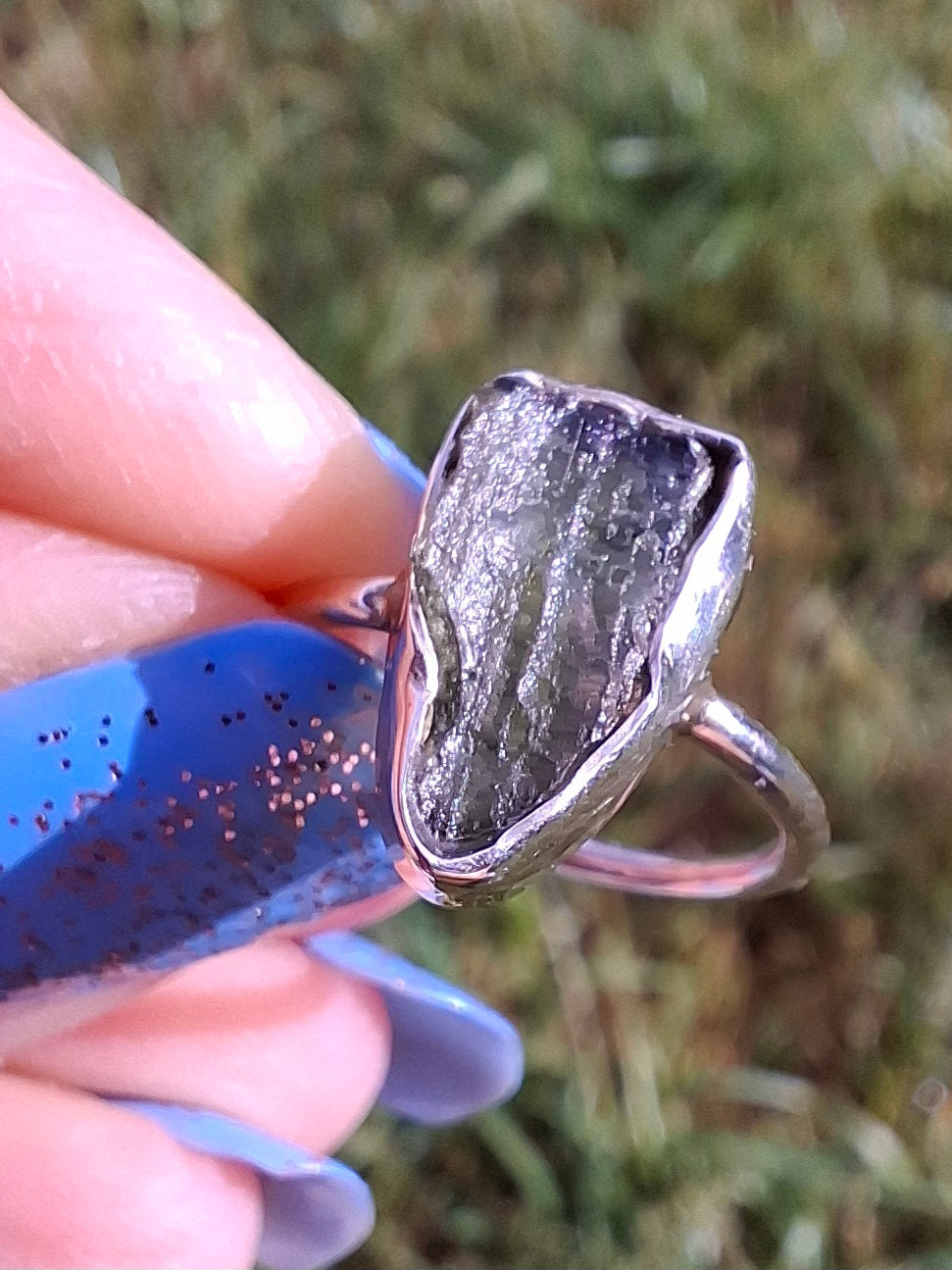 Moldavite Ring, size Large G, 925 Silver, Tektite (Ref: R18)
