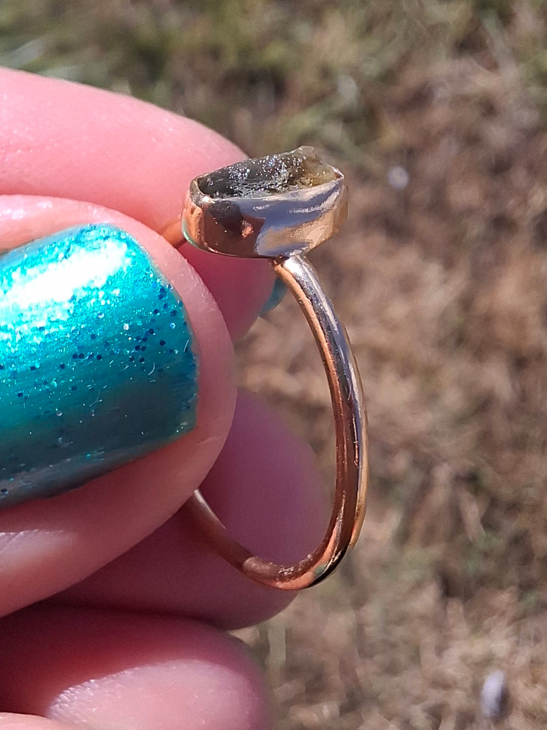 Moldavite Ring, 14K GOLD Plated, size small L, Tektite (Ref: R342)